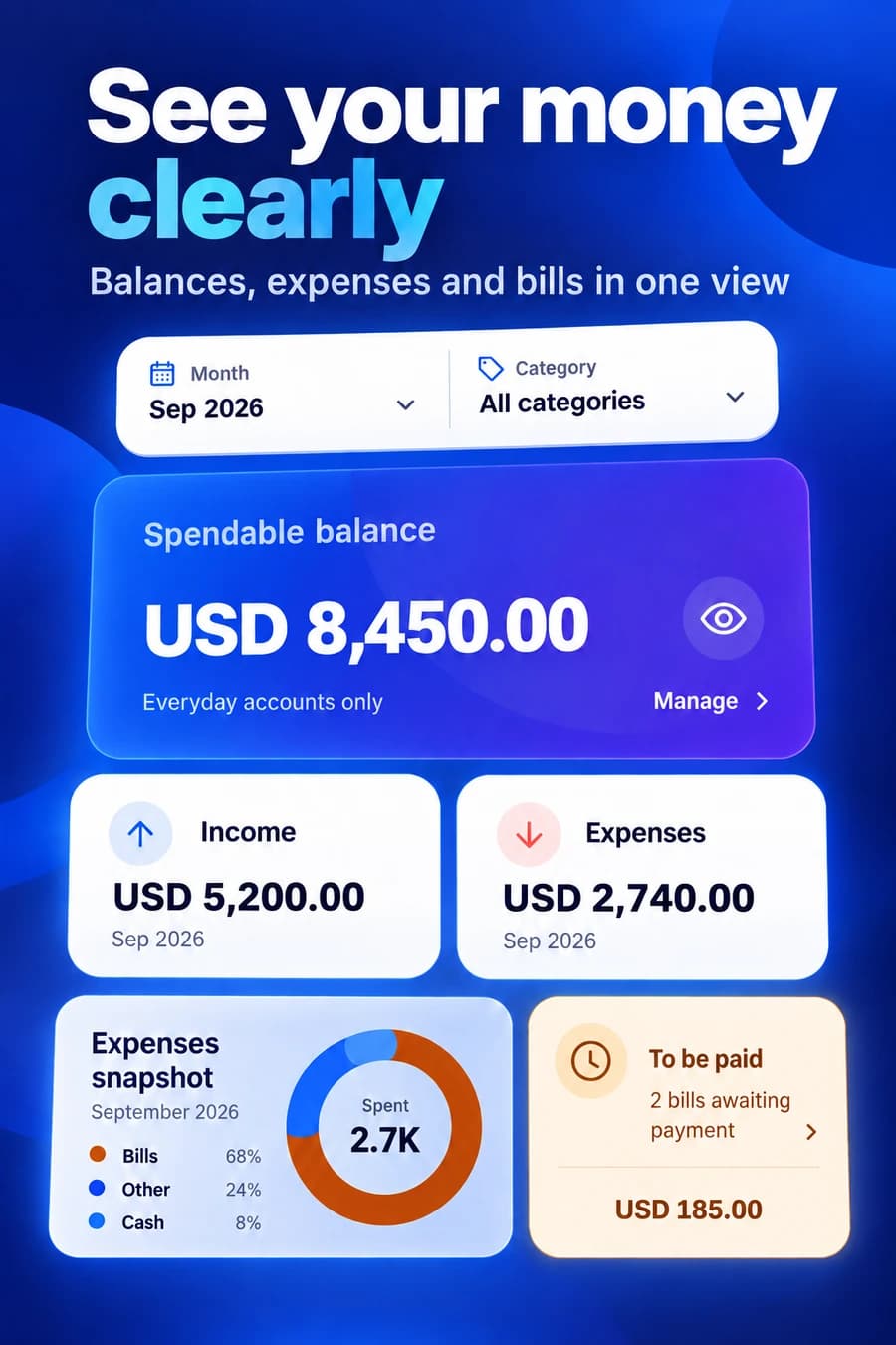 Exodaz Play Store graphic showing the dashboard, balances, expenses and bills.